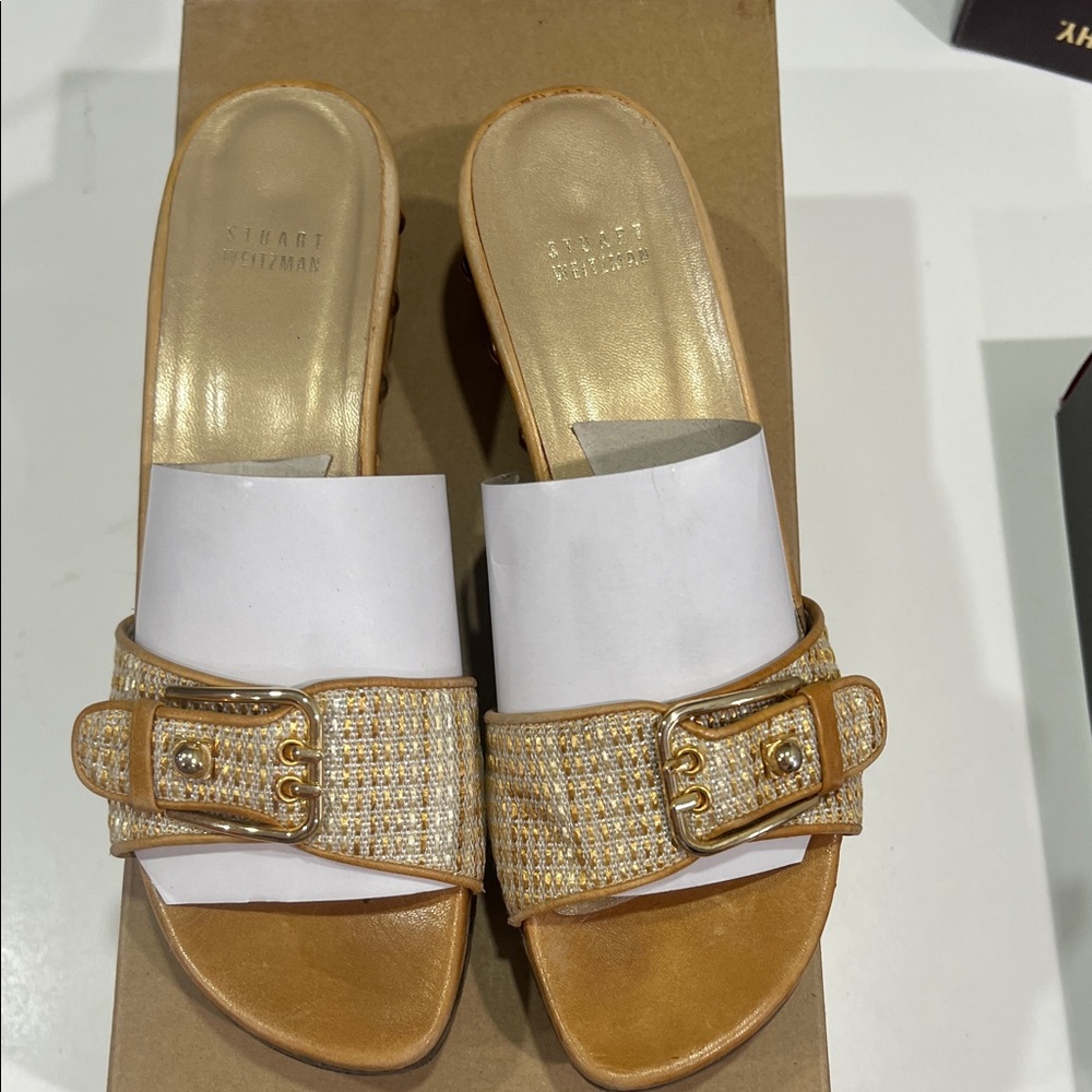 Stuart Weitzman Gold and Tan Mules
